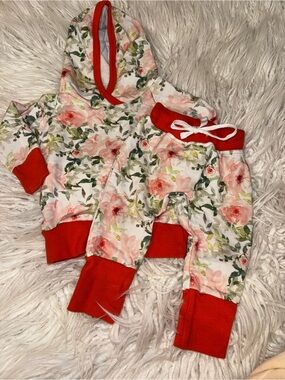 Floral Hooded Kids Matching Set in Coral Red
